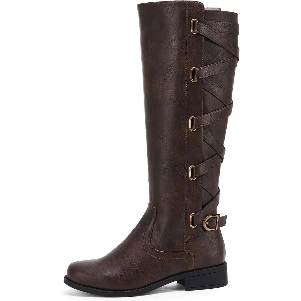 Womens Faux Leather Dark Brown Strappy Motorcycle Knee High Riding Lace Up Boot